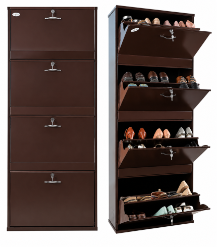 26 Inches Wide 4 Door Double Decker Powder Coated Wall Mounted Metallic Brown Metal Shoe Rack (Brown, 8 Shelves)