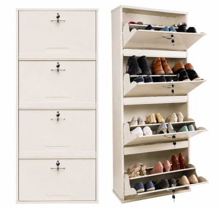 26 Inches Wide 4 Door Double Decker Powder Coated Wall Mounted Metallic Ivory Metal Shoe Rack (White, 8 Shelves)